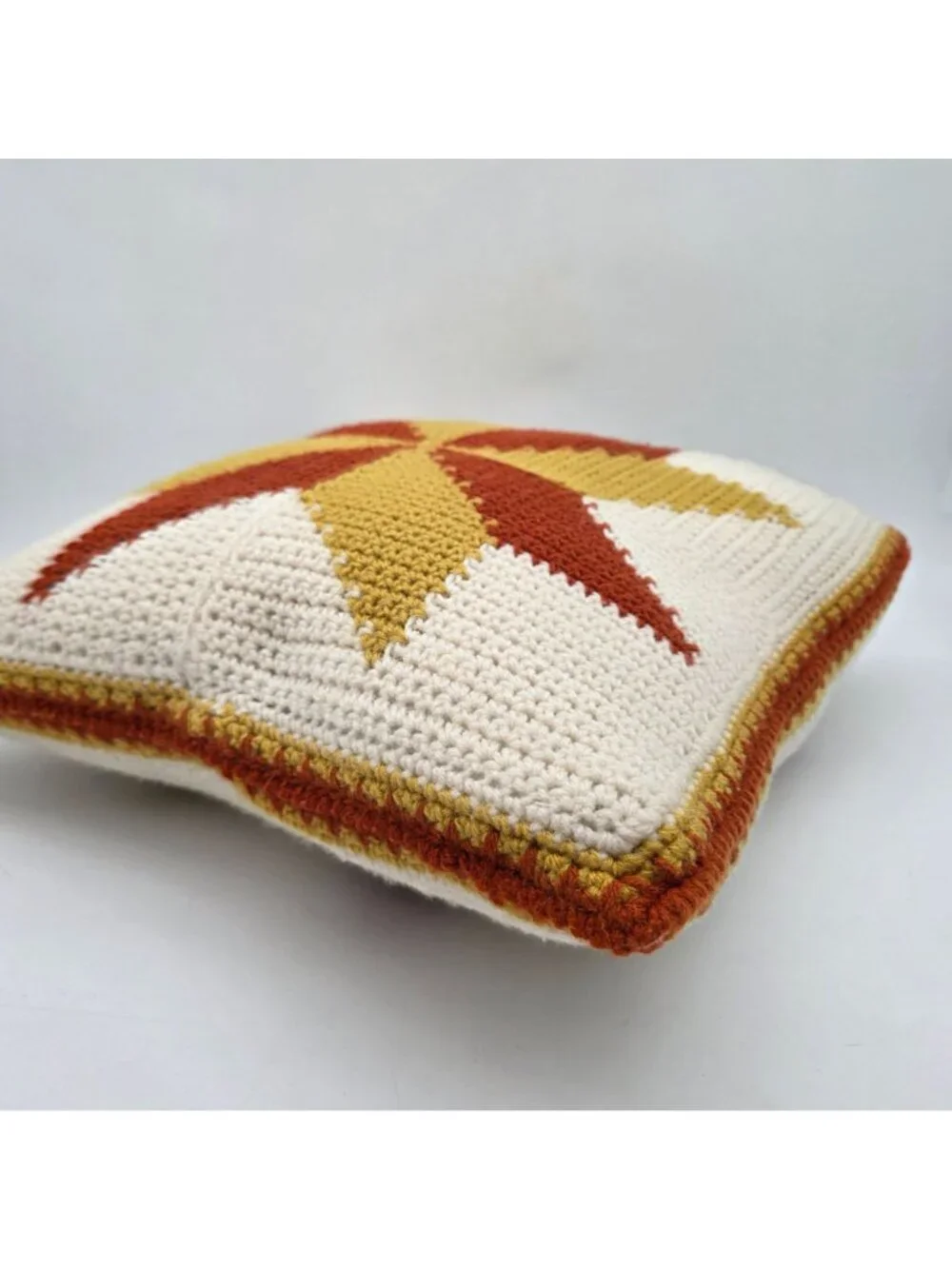 MCM Crochet Throw Pillow Starburst Design In Cream Rust And Mustard 18x18